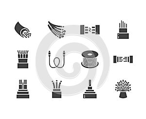 Optical fiber flat glyph icons. Network connection, computer wire, cable bobbin, data transfer. Signs for electronics photo