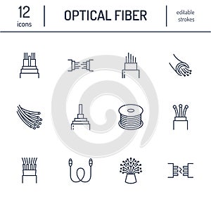 Optical fiber flat line icons. Network connection, computer wire, cable bobbin, data transfer. Thin signs for