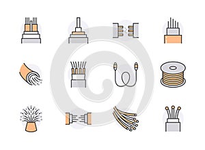 Optical fiber flat line icons. Network connection, computer wire, cable bobbin, data transfer. Thin signs for