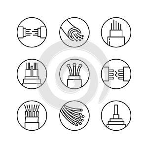 Optical fiber flat line vector icons. Network connection, computer wire, cable bobbin, data transfer. Thin signs in