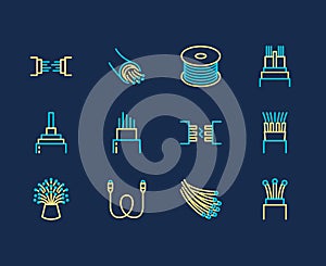 Optical fiber flat line vector icons. Network connection, computer wire, cable bobbin, data transfer. Thin signs for