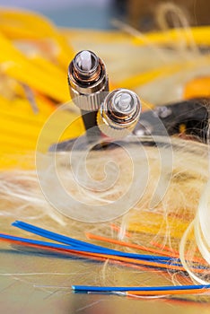 Optical fiber optic cables witch connectors, maintenance optical fiber and telecommunications service concept