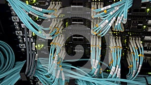 Optical fiber. Severs computer in a rack at the large data center.