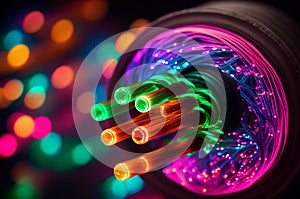 Optical fiber speed concept illustration, colorful lines cable close up