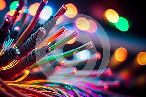 Optical fiber speed concept illustration, colorful lines cable close up