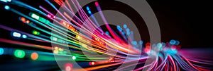 Optical fiber speed concept illustration, colorful lines cable close up high speed network data transfer. Generative AI