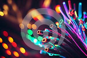 Optical fiber speed concept illustration, colorful lines plug close up