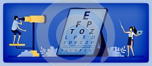 Optical health illustration of ophthalmologist use optometry to check patients viewing distance in reading Snellen. Can be used to