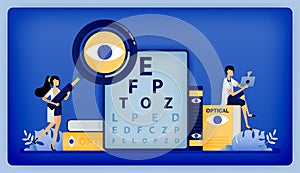 Optical health illustration of ophthalmologists seek best treatment from patients with eye disorders tested with Snellen. Can be