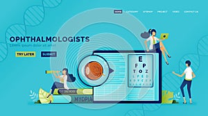 Optical health illustration of ophthalmology students read and understand how to diagnose eye disorders with Snellen. Can be used