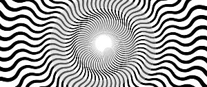 Optical illusion background. Black and white abstract wavy lines surface. Radial waves poster design. Hypnotic