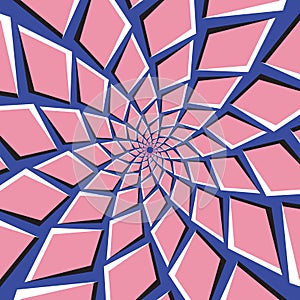 Optical illusion background. Pink quadrangles are moving around the center on blue background.