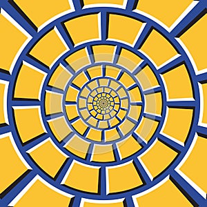 Optical illusion background. Yellow quadrangles are moving circularly toward the center on blue background.