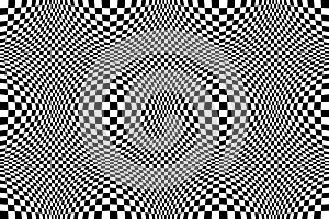 Optical illusion checkered  abstract seamless background, black and white pattern, chess board tiles with psychedelic