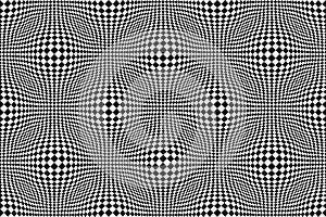 Optical illusion checkered vector abstract seamless background, black and white pattern, chess board tiles with psychedelic