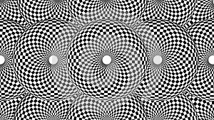 Optical illusion circle. Checkered white and black circles. Seamless loop 4k hypnotic background.