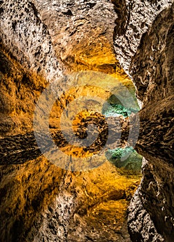 Optical illusion in Cueva de los Verdes, an amazing lava tube and tourist attraction on Lanzarote island