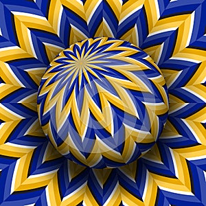 Optical illusion hypnotic vector illustration of rotating toothed pattern. Patterned golden blue globe soaring above the same