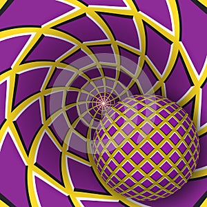 Optical illusion illustration. A ball is moving on rotating yellow background with purple quadrangles
