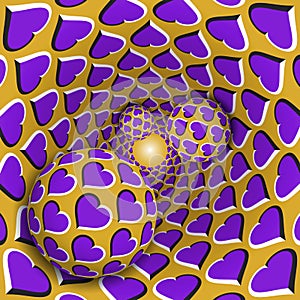 Optical illusion illustration. Three balls with a hearts pattern are moving on rotating purple hearts golden funnel