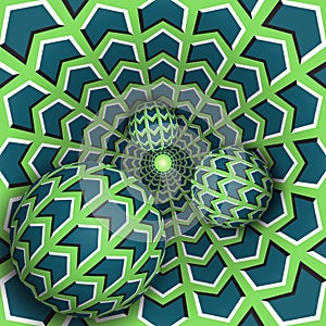 Optical illusion illustration. Three balls are moving in rotating hole