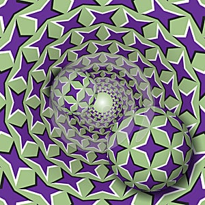 Optical illusion illustration. Two balls with a four pointed stars pattern are moving on rotating purple stars green funnel