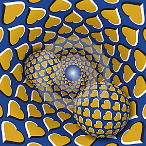 Optical illusion illustration. Two balls with a hearts pattern are moving on rotating golden hearts blue funnel