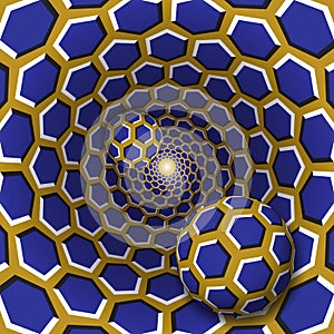 Optical illusion illustration. Two balls with a hexagons pattern are moving on rotating blue hexagons golden funnel