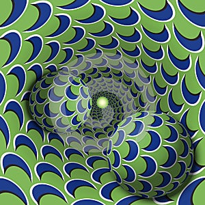 Optical illusion illustration. Two balls are moving in mottled hole. Blue crescent on green pattern objects