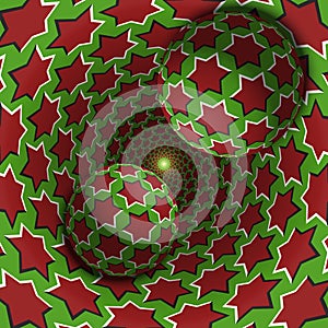 Optical illusion illustration. Two balls are moving in mottled hole. Red stars on green pattern objects