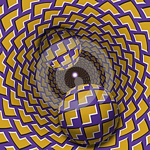 Optical illusion illustration. Two balls are moving in mottled hole. Yellow corners on purple pattern objects