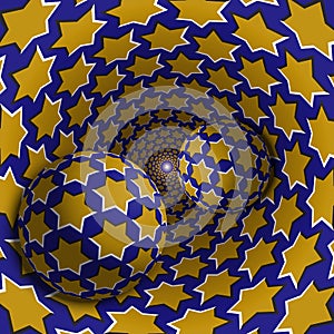 Optical illusion illustration. Two balls are moving in mottled hole. Yellow stars on blue pattern objects.