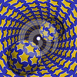 Optical illusion illustration. Two balls are moving in mottled hole. Yellow stars on blue pattern objects