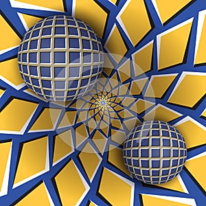 Optical illusion illustration. Two balls are moving on rotating blue background with yellow quadrangles.