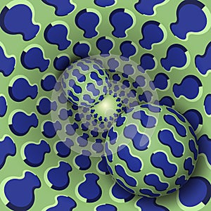 Optical illusion illustration. Two balls are moving on rotating funnel. Blue green shapes pattern objects