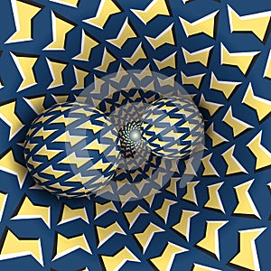Optical illusion illustration. Two balls are moving on rotating funnel. Yellow blue lightnings pattern objects