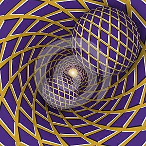 Optical illusion illustration. Two balls are moving on rotating golden background with purple rhombuses.