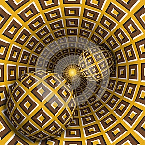 Optical illusion illustration. Two balls are moving in rotating hole. Brown blocks on yellow pattern objects