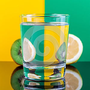 Optical illusion with kiwi and lemon distorted through glass of water, yellow and green background, square