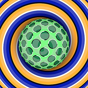 Optical illusion of rotation of the ball against the background of a moving spiral