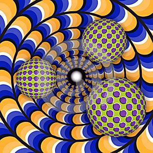 Optical illusion of rotation of three ball around of a moving hole