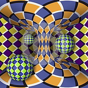 Optical illusion of rotation of three balls around of a moving hyperboloid