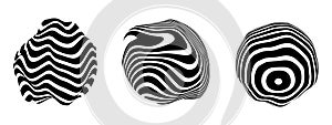 Optical illusion in the shape of distorted sphere. Abstract vector background with black and white lines. Pattern distorted