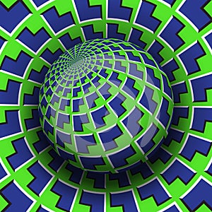 Optical illusion vector illustration. Blue green arrows patterned sphere soaring above the same surface