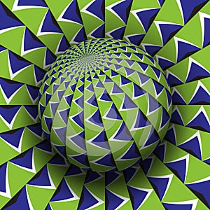 Optical illusion vector illustration. Blue green patterned sphere soaring above the same surface