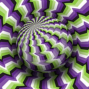 Optical illusion vector illustration. Purple green white black patterned sphere soaring above the same surface