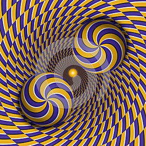 Optical illusion vector illustration. Two multiple spiral balls are moving in rotating hole. Blue yellow patterned objects