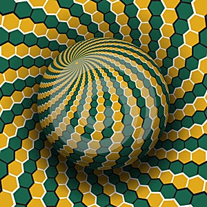 Optical illusion vector illustration. Yellow green hexagons patterned sphere soaring above the same surface