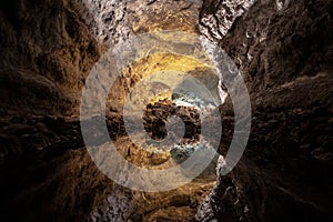Optical illusion - water reflection in Cueva de los Verdes, an amazing lava tube and tourist attraction on Lanzarote