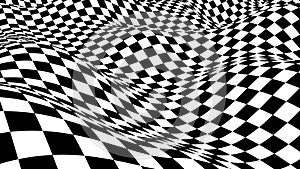 Optical illusion wave. Chess waves board. Abstract 3d black and white illusions. Horizontal lines stripes pattern or background